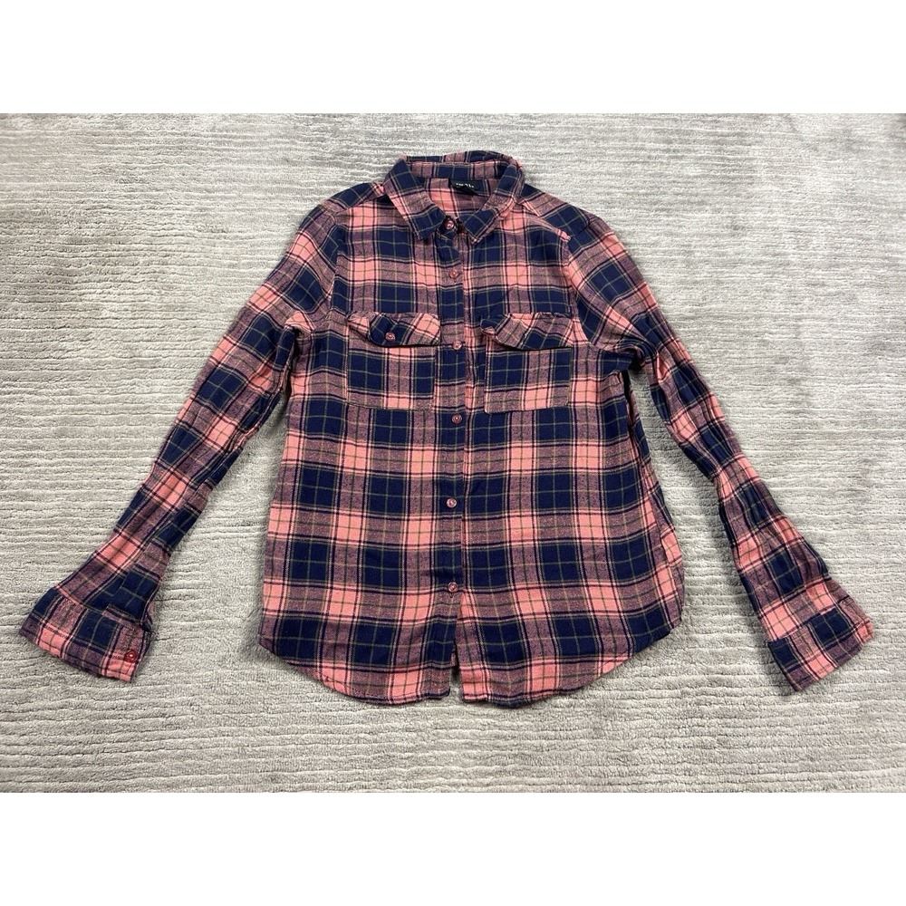 Rue 21 Flannel Top Womens Medium Pink Blue Plaid Longsleeve Western Button Up - Picture 1 of 12